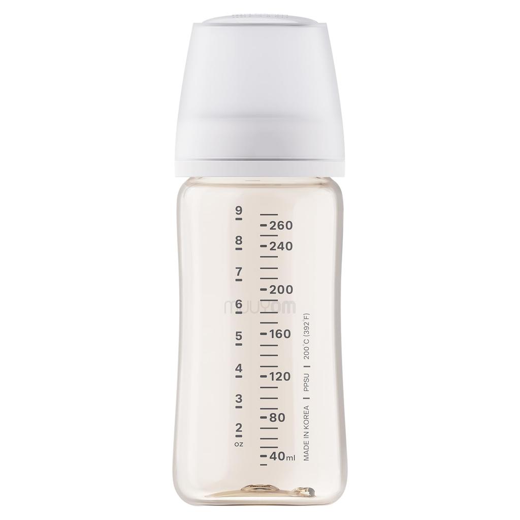 MOYUUM Plastic Baby Bottle, White, 270ml (PPSU), for Ages 3 Months and Up, Wide Neck, Round Hole, 2025 Model