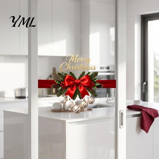 Decorative Christmas Bows for Windows Gold Merry Window Clings, PVC Decals Holiday Seasonal Home Decorations Glass Decor, Waterproof Removable