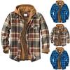 Men's Quilted Lined Button Down Plaid  Shirt Add Velvet To Keep Warm  Jacket With Hood(Non-positioning Printing)