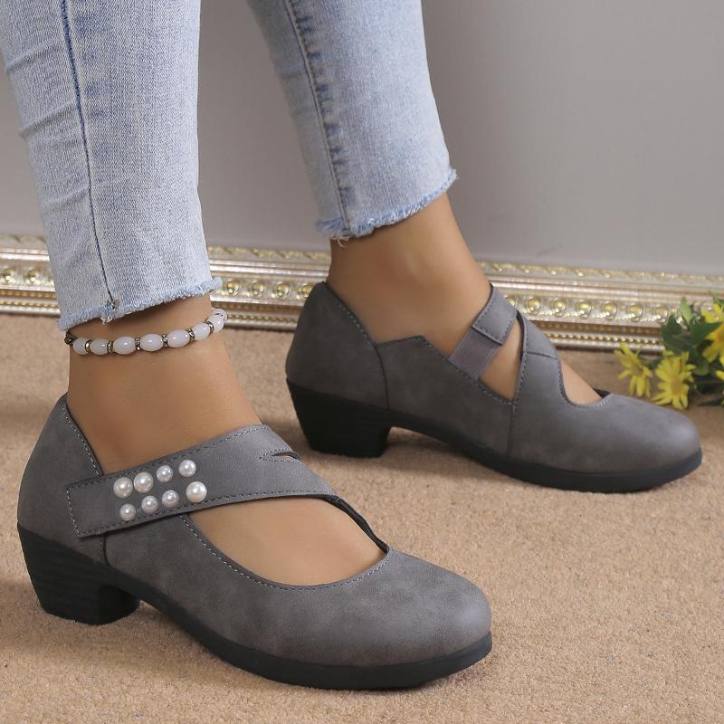Женская повседневная обувь 2024 Осень Мода Жемчуг Круглый носок Средний каблук Женская Повседневная Обувь на высоком каблуке Массивная обувь Обувь Большой размер 43