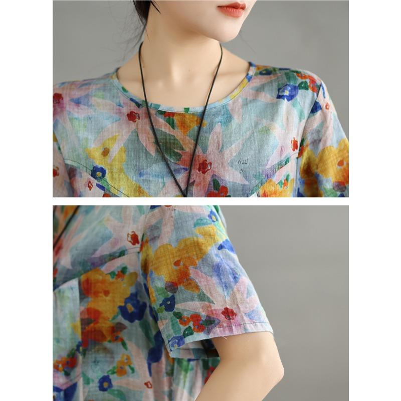 DIMANAF Women 2025 Summer Plus Size Vintage Floral Printing Dress Loose Casual Dress Basic Short Sleeve Long Dress