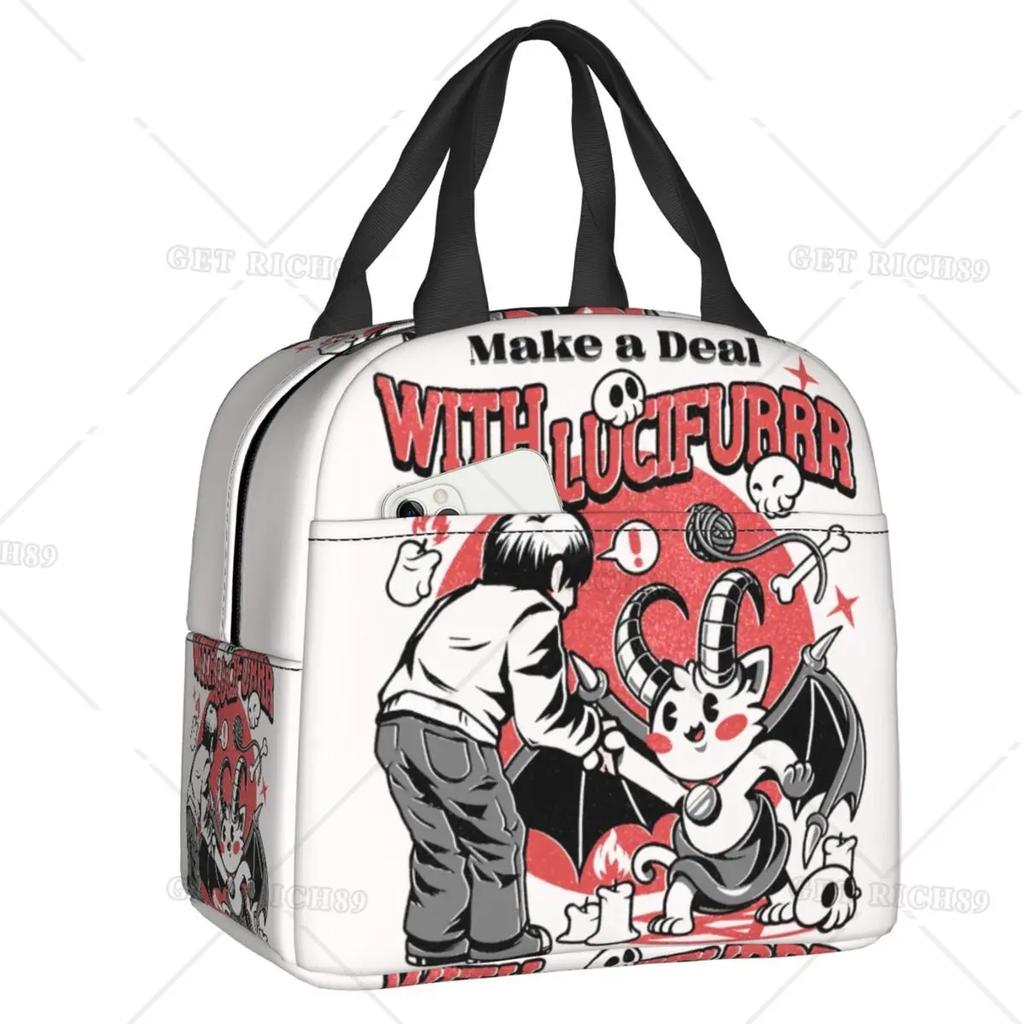 Satanic Cat Insulated Lunch Bag Waterproof Thermal Cooler Lunch Box with Side Pocket for Women Men Kids Camping Travel