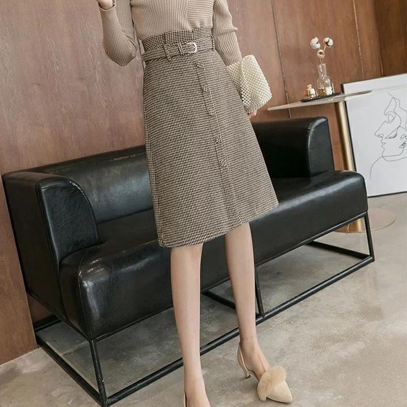 Женские клетчатые шерстяные юбки средней длины с поясом, с высокой талией, узкие, с узором «гусиная лапка», длиной до колена, женские юбки Faldas