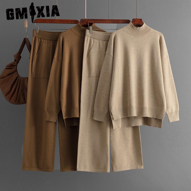 GMXIA Solid-color Knitted Semi-high Neck Slit Sweater Set for Women's Autumn and Winter Fashionable Casual Sweater Two-piece Set