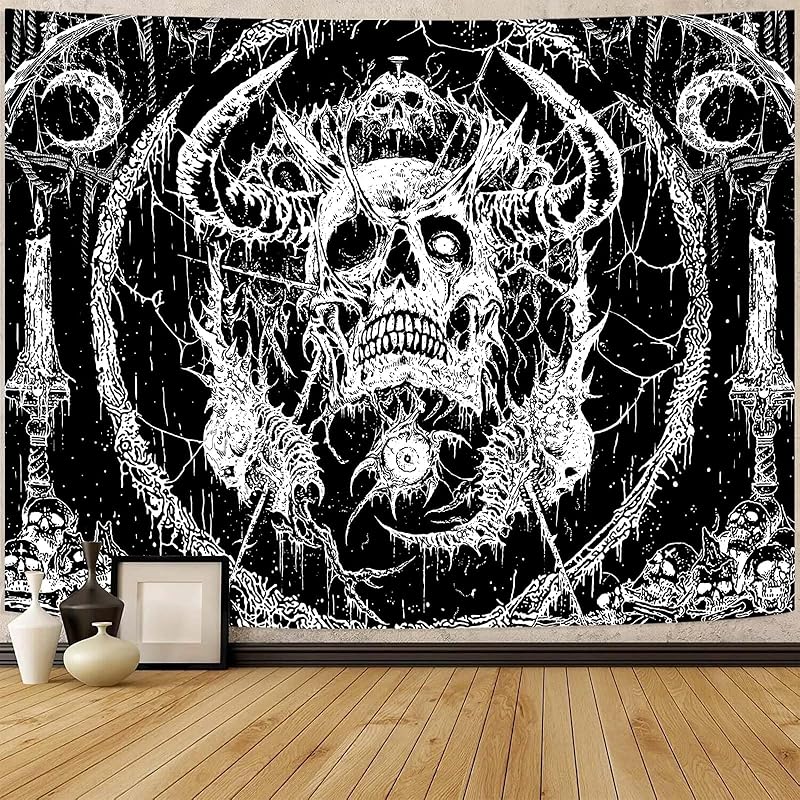 Lifeella Skull Tapestry, Gothic Horror Moon Skeleton Mystic Dark Tapestries for Bedroom Grunge Wall Hanging Black and White 36 x 48 inch