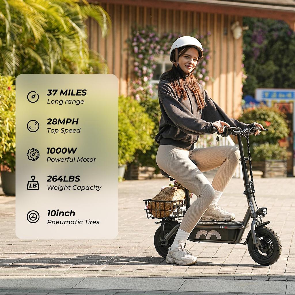 F3 1000W Adult Electric Scooter with Seat, Dual Disc Brakes, Removable Basket, Foldable, Maximum Range 55-60km, Wide Tires, City Commuting