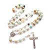 Natural Stone Beads Rosary Necklace Crucifix Cross Pendant Chain Catholic Religious Jewelry for Women Meditatin Gift