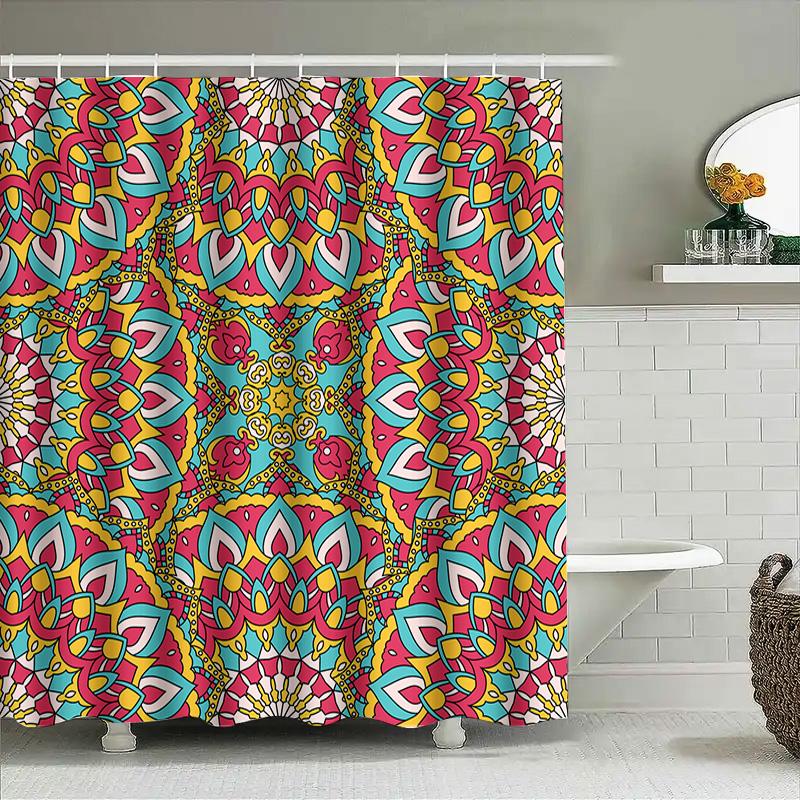 Mandala Shower Curtain Bathroom Decorative Waterproof Fabric Bath Liner Modern Print Pattern Pink Blue Yellow Red Flower Design