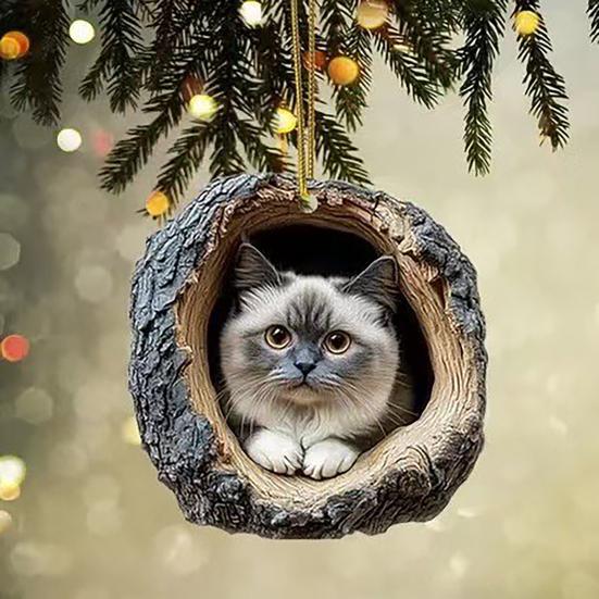 2D Кошка Украшение Подвесное Акриловая Кошка в Дупле Дерева Украшение Елочная Игрушка для Любителя Кошек Подарок Праздничный Декор