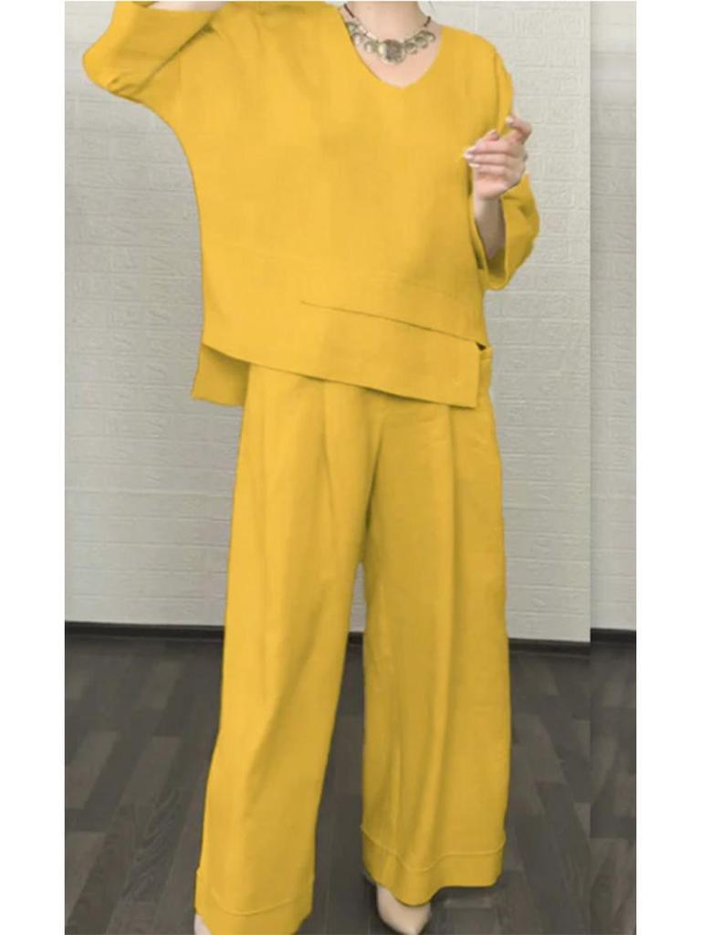 Комплект в европейско-американском стиле 2025 года: однотонный топ с круглым вырезом и брюки прямого кроя со средней посадкой