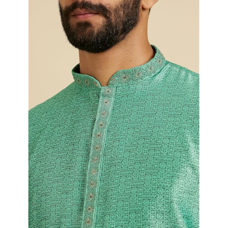 Мужской комплект Kurta Pyjama Manyavar из искусственного шелка с замысловатыми принтами и деталями на воротнике (Зеленый,3XL)