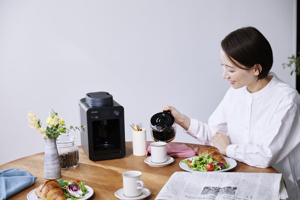 Полностью автоматическая кофеварка Shiroka Cafe Bako Black с зернами и функцией сохранения тепла SC-A352 [Стеклянный сервер/компактный/совместимый порошок/встроенная мельница/таймер