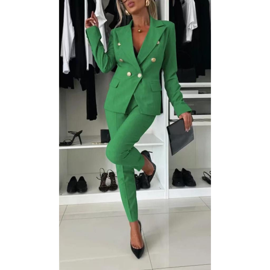 Women Office Smart Clothes Set 2pcs Blazer Double Breasted Button Solid Color Jacket & High Waist Slim Pencil Pants