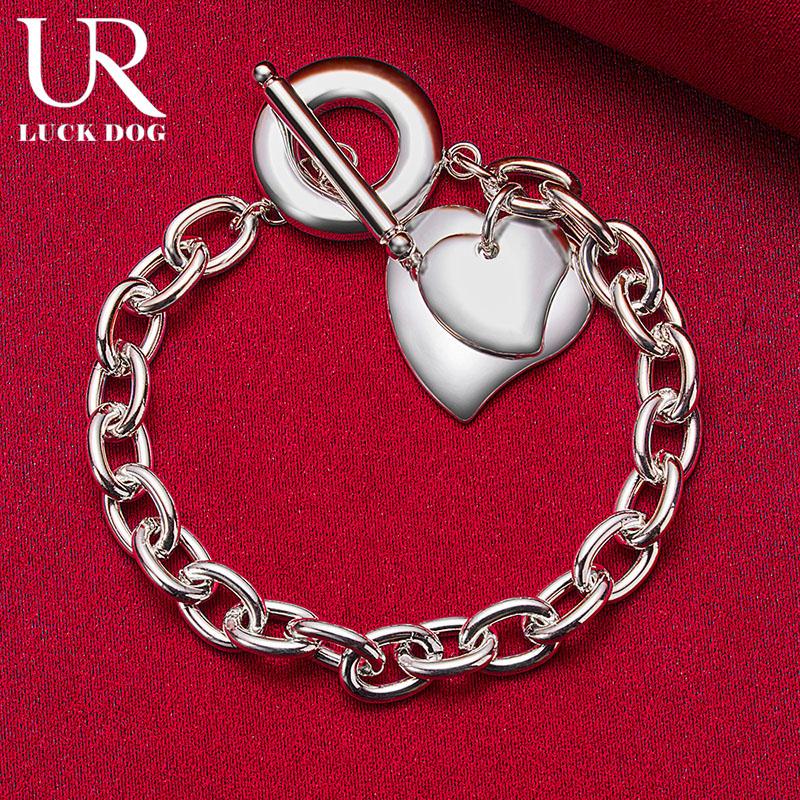925 Sterling Silver Double Heart OT Buckle Pendant Bracelet Fashionable Wedding Jewelry