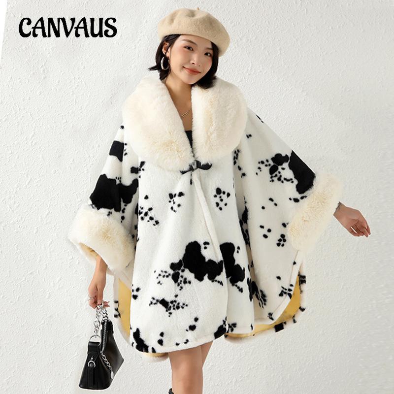 Medium-length Faux Otter Rabbit Hair Collar Cape Shawl Women's Loose Bat Sleeve Printed Cardigan Large Size Tweed Jacket