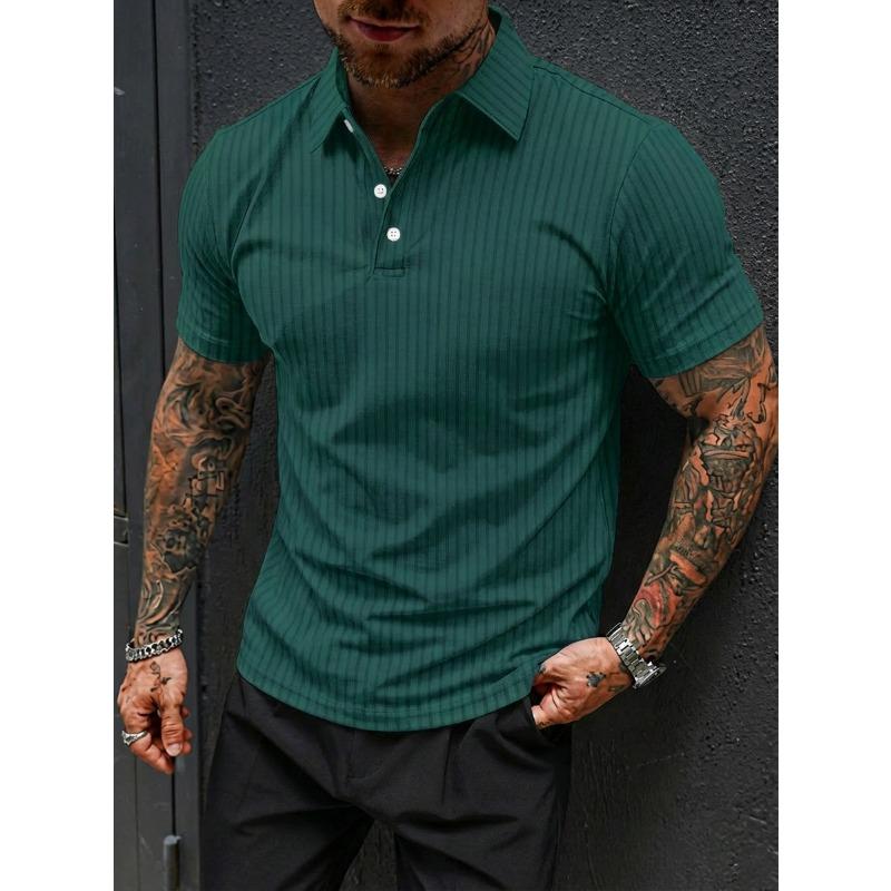 Men Summer Casual Sports Breathable Elastic Vertical Stripe Short Sleeve Polo Shirt