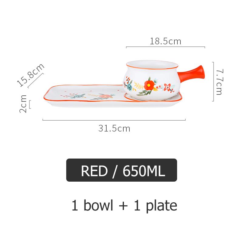 Керамическая салатница с цветочным узором, прямоугольная тарелка, миска для выпечки пасты, столовые приборы для завтрака (1 миска с ручкой + 1 обеденная тарелка)
