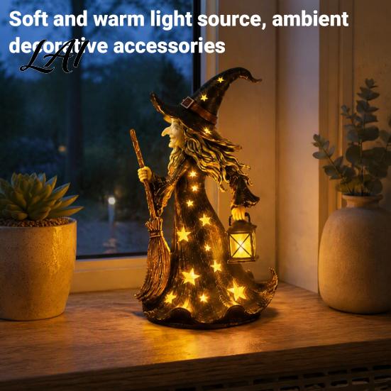 Decorative Night Light Halloween Witch Lamp Up Figurine with Broom And Lantern Gothic Resin Table Decor Spooky for Tabletop Indoor Home Vintage