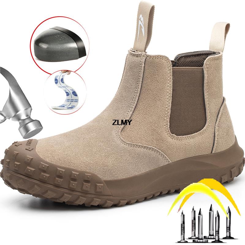 Защитная обувь без шнуровки, мужская обувь для сварщиков со стальным носком, устойчивые к ударам, искробезопасные рабочие защитные ботинки, мужские строительные противоударные ботинки челси