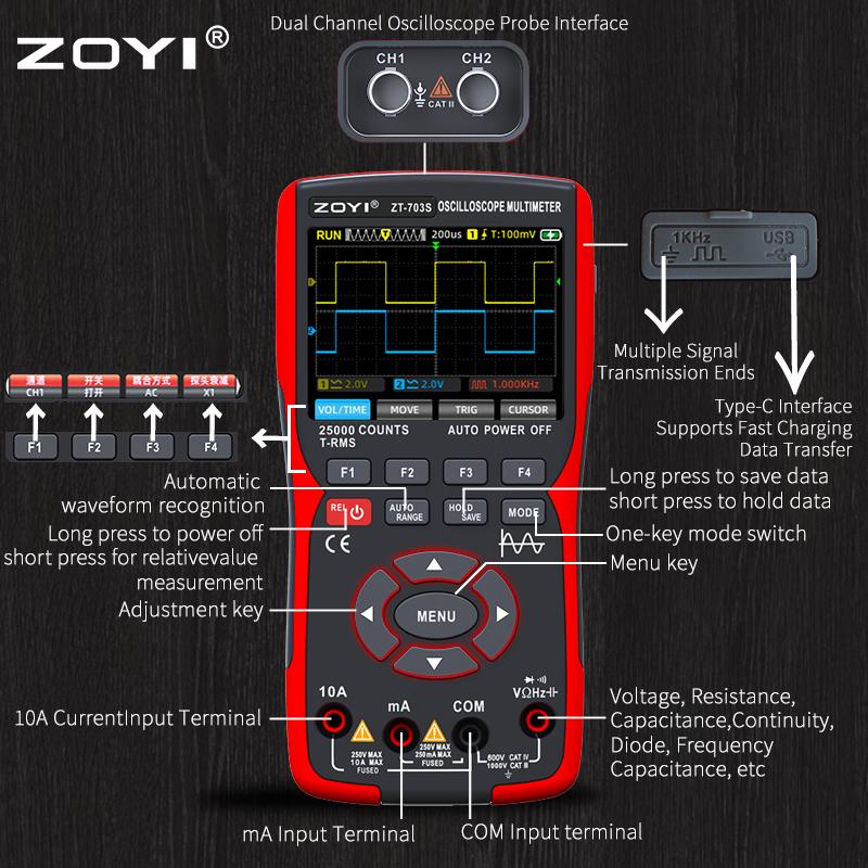ZOYI ZT-703S Upgrade 50MHz Handheld Digital Oscilloscope Multimeter Signal Generator 3 in 1 Dual Channel Automotive Tools