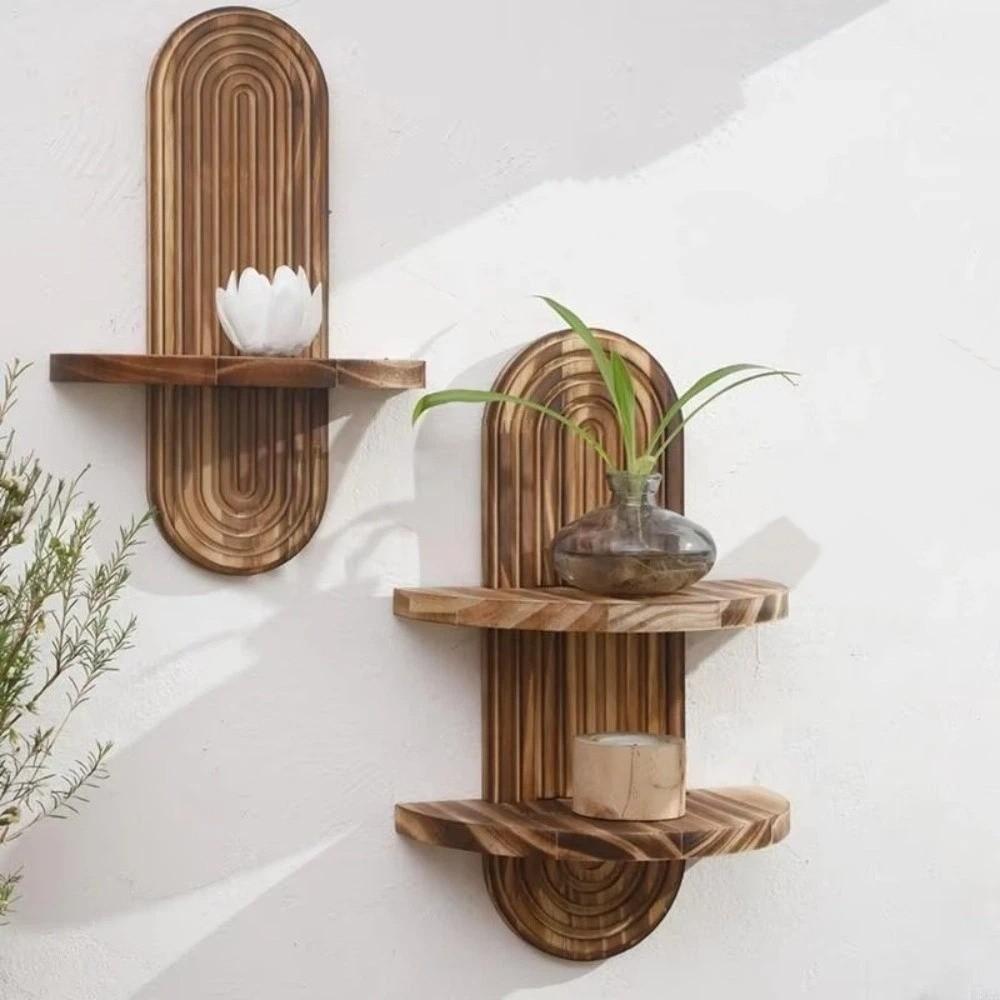 Oval Threaded Arched Floating Shelf Natural Artistic Wooden Stand Boho Style Rack  Plant Decorative