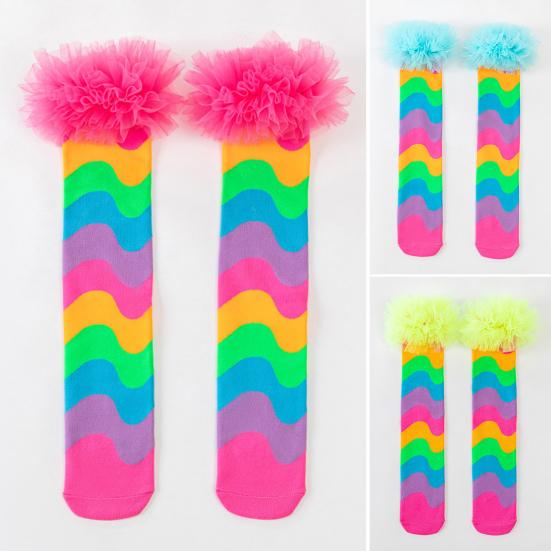 Детские радужные гольфы до колена, красочные гольфы до колена, забавные носки для сапог для девочек с тюлевой оборкой для маскарадных вечеринок, праздничных мероприятий