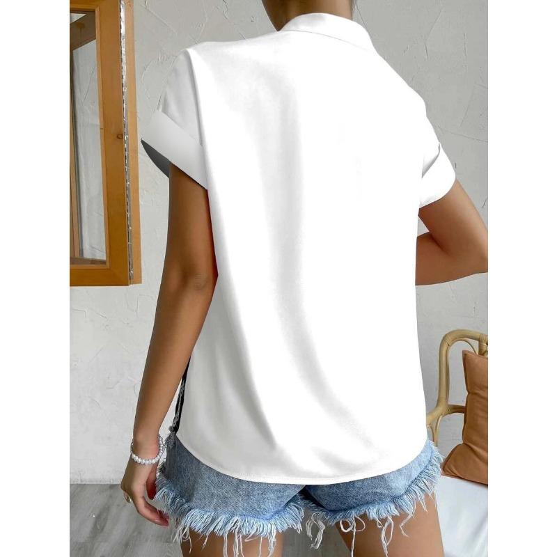 VEZFAA Женские модные повседневные летние весенние однотонные блузки и рубашки с короткими рукавами и воротником-стойкой с принтом