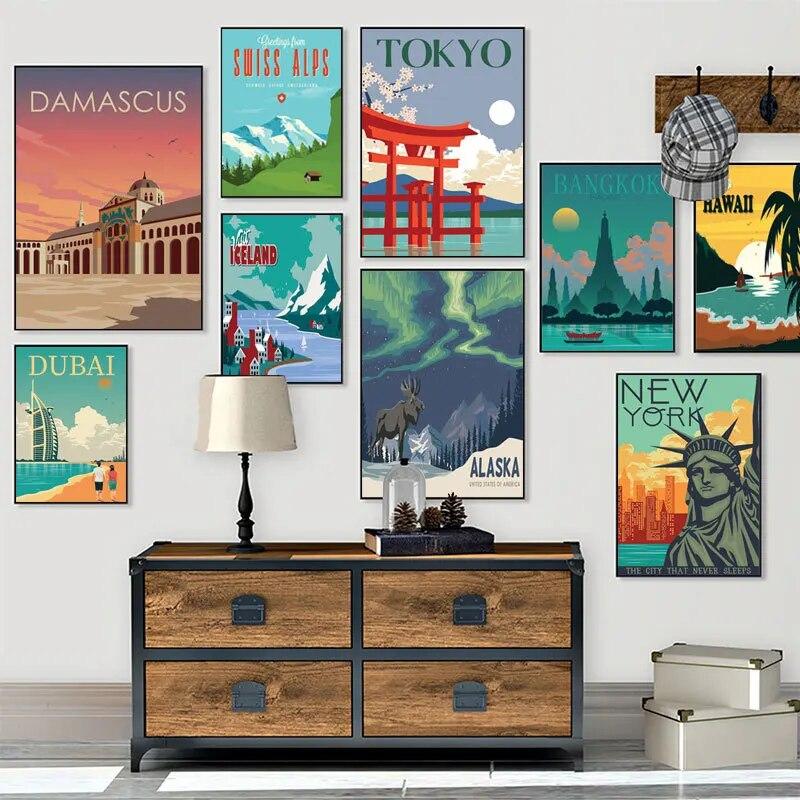 Travel City Vintage Poster Metal Tin Signs New York Paris Tokyo Landscape Retro Plaque Metal Plate Wall Art Decor for Bar Home
