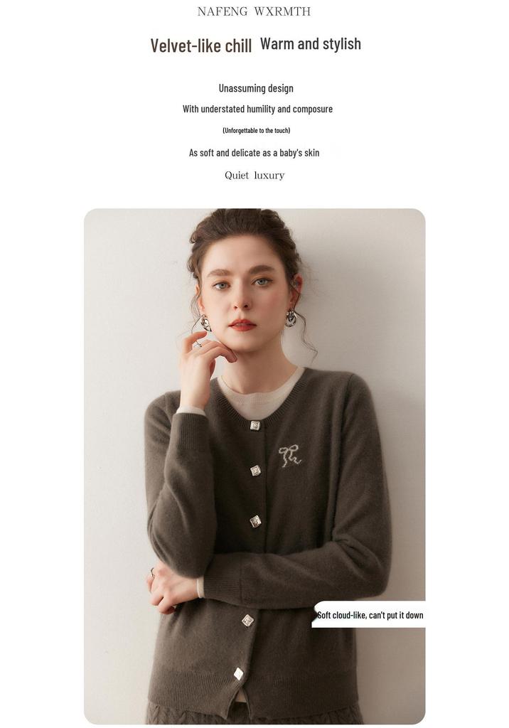 Lekasha Women's Autumn 2025 Embroidered Cashmere Cardigan - Korean Long Sleeve Knit Sweater