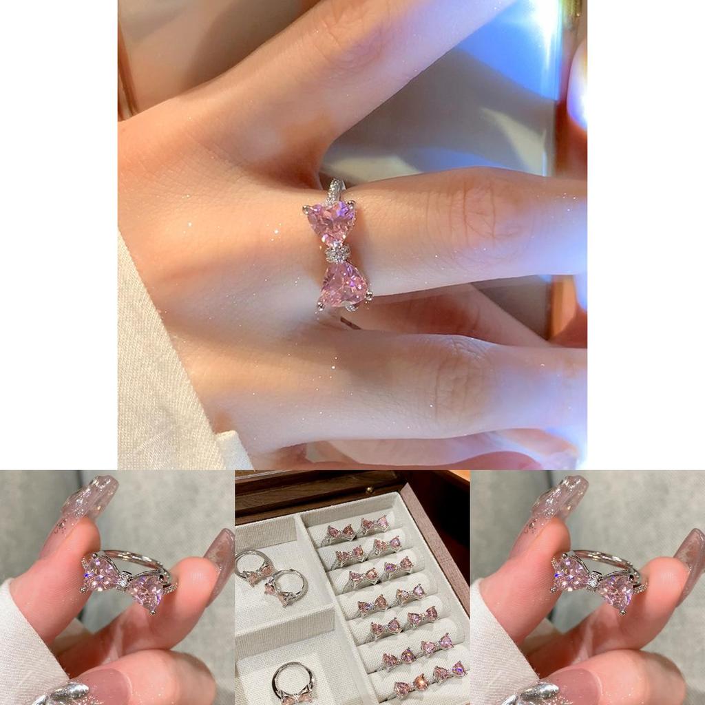 Шикарное розовое геометрическое кольцо с бриллиантом, бабочкой и бантом для женщин, модное, с регулируемой шинкой, медь