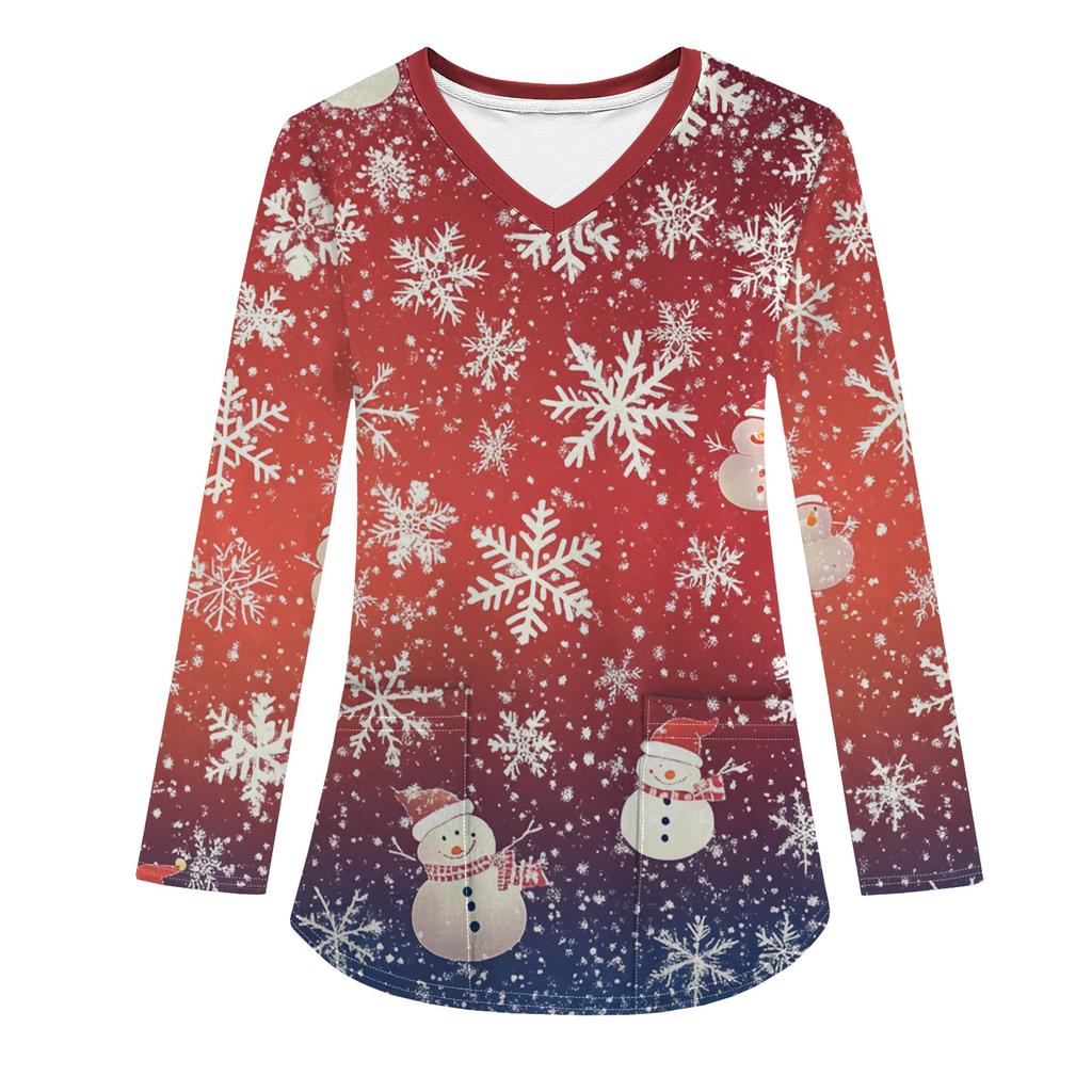 Женская модная рабочая одежда с V-образным вырезом, длинным рукавом и карманом, рождественский принт, футболка, топ