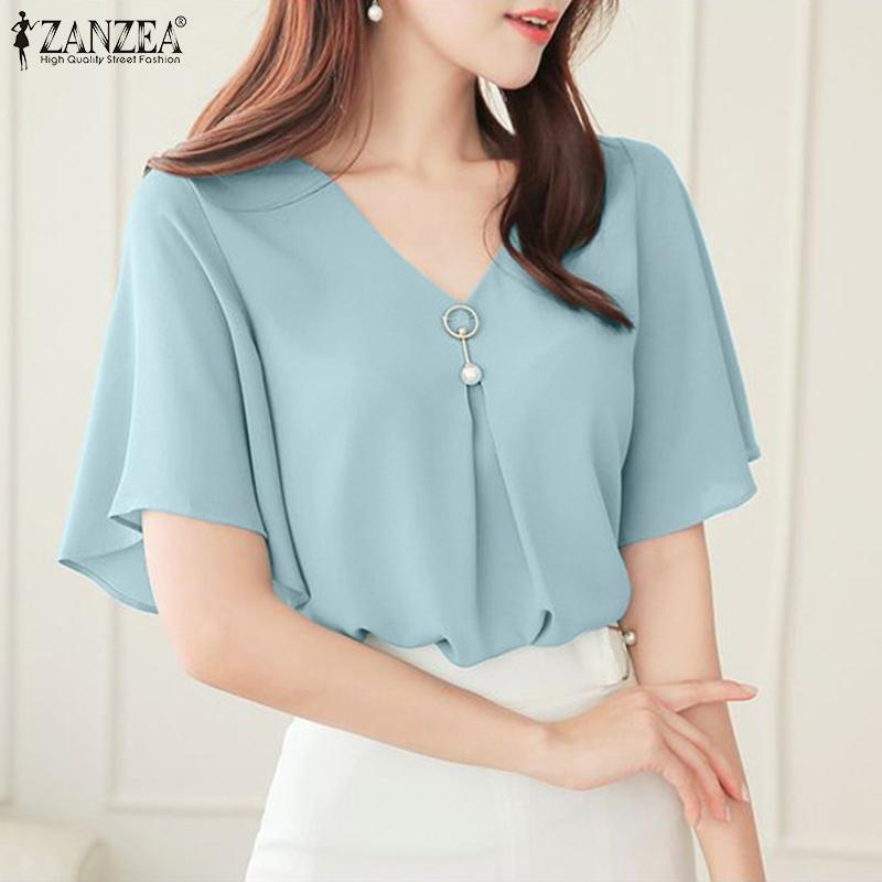 ZANZEA Женская летняя повседневная блузка с коротким рукавом и V-образным вырезом