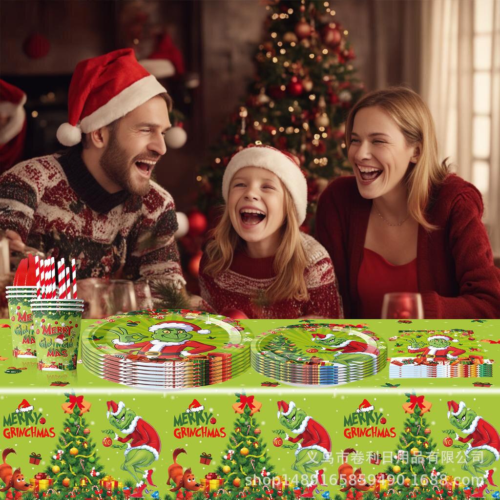 Рождественская вечеринка Гринча Декоративная посуда Флаг Скатерть Набор Принадлежности Оформление Бумажная тарелка Посуда Одноразовая