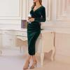 Women Long Dress Autumn Winter Sexy V Neck Slim Waist Hip Wrap Vintage Solid Color Long Sleeves Ladies Female Party Midi Dress