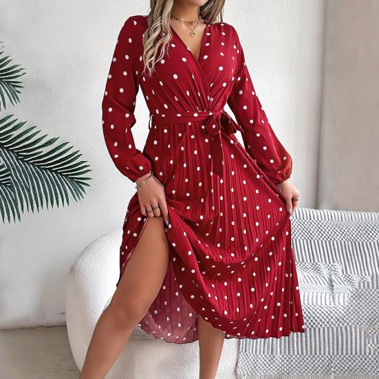 Women's Long Sleeve Dress V-Neck Polka Dot Dress with Tie Waist Long Pleated Dress for Office Parties Date