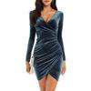 Women's Sexy Velvet Long Sleeve V Neck Mini Dress Ruched Bodycon Faux Wrap Cocktail Party Dress Formal Wedding Guest Dress