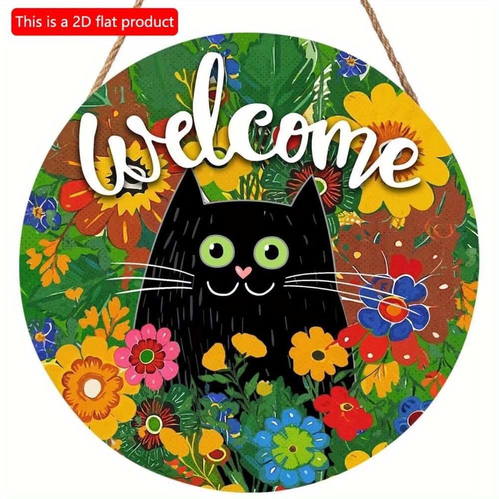 1 шт. 2d плоская круглая деревянная доска с надписью Deroro Welcome Black Cat Floral Season Sign - 20 см для улицы, крыльца, фермерского дома, дома, настенного декора