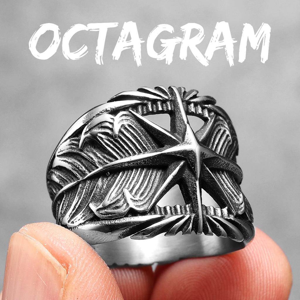 Кольцо Octagram из нержавеющей стали 316L с перьями, мужское кольцо в стиле панк-рок, рэп для байкера, мужского друга, ювелирное изделие, креативный подарок