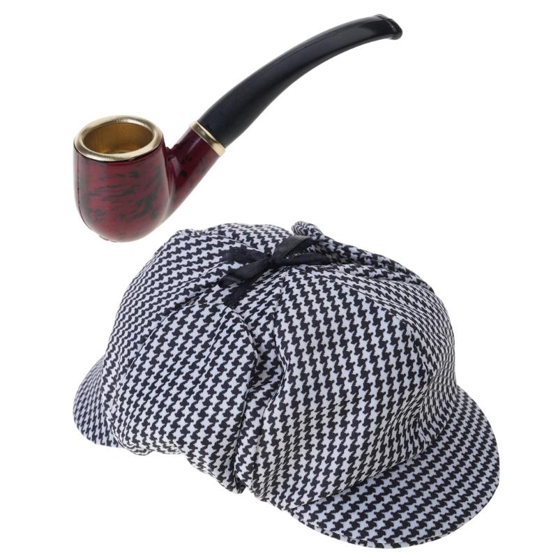 2 шт. Мужской костюм детектива Комплект костюма Трубка Черно-белая шляпа Аксессуары для костюма детектива для вечеринок на Хэллоуин