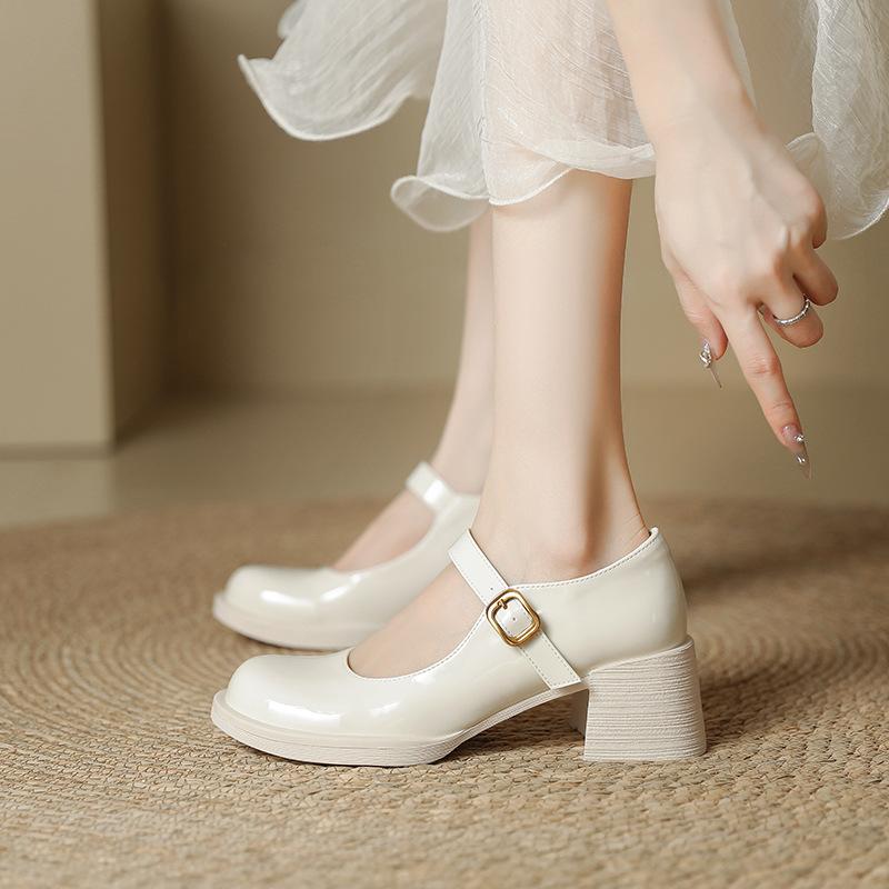 Sweet French thick heel shallow mouth Mary Jane shoes women's 2025 early spring new one-word with round head high heel single shoes versatile