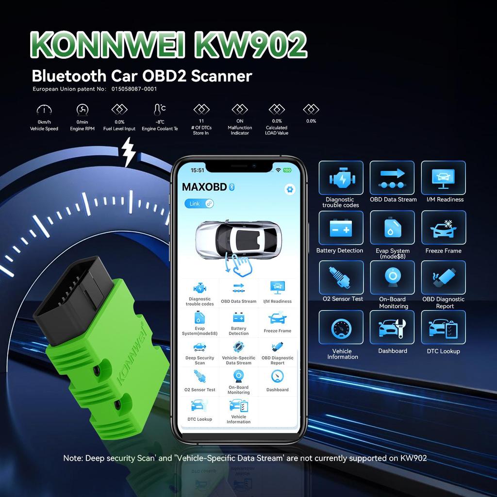 KW902 Bluetooth ELM327 OBD2 Диагностика неисправностей автомобиля для iOS/Android (Bluetooth 4.0/5.0/5.2)