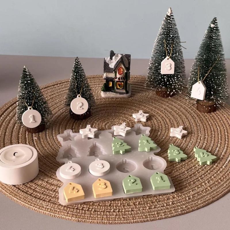 Christmas Number Flag Pendant Silicone Mold Christmas Series Digital Hang Tag Hanging Gypsum Molds Xmas Tree Star Casting Mold