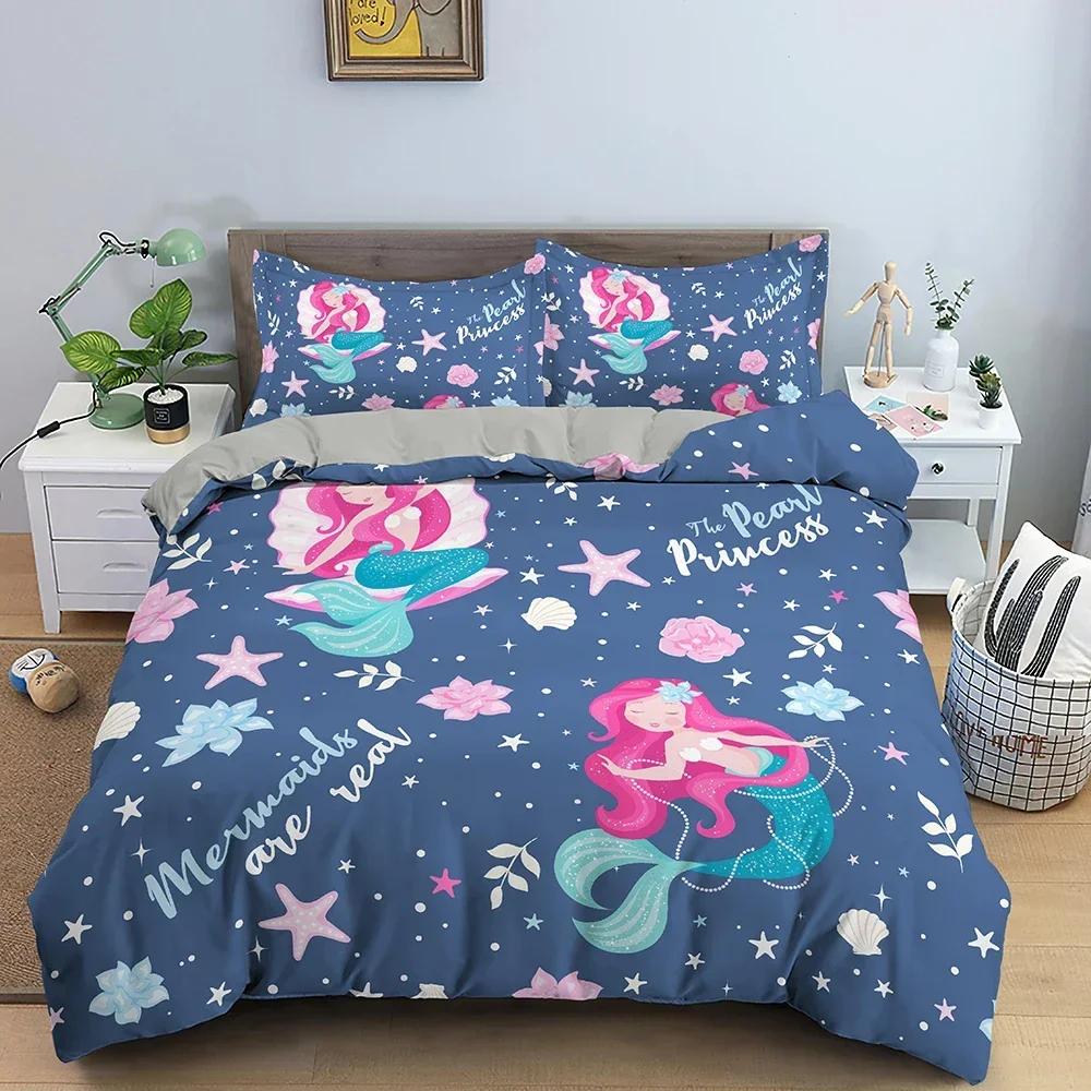 Cartoon Mermaid Pattern Comfortable Duvet Quilt Cover Pillowcase Bedding Set Children Bedroom Decoration Home Textile