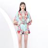 Spring Summer Print Pant Outfits Women Stand Collar Lantern Sleeve Shirt+ Shorts Two Piece Set With Belt