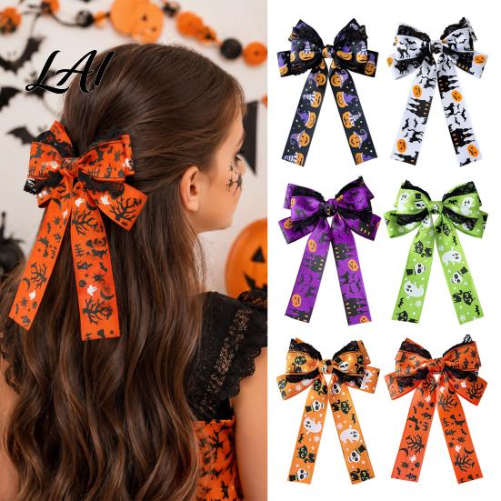 Ribbed Webbing Hair Ornaments Halloween Bow Clips Cute Party Hairpins Pumpkin Ghost Bat Black Large Barrettes for Girls Cat Haunted House