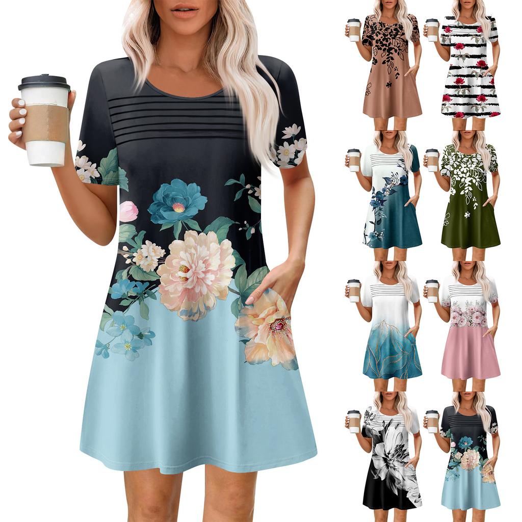 Женские летние повседневные платья с круглым вырезом, плиссированные, с карманами, с принтом, с коротким рукавом