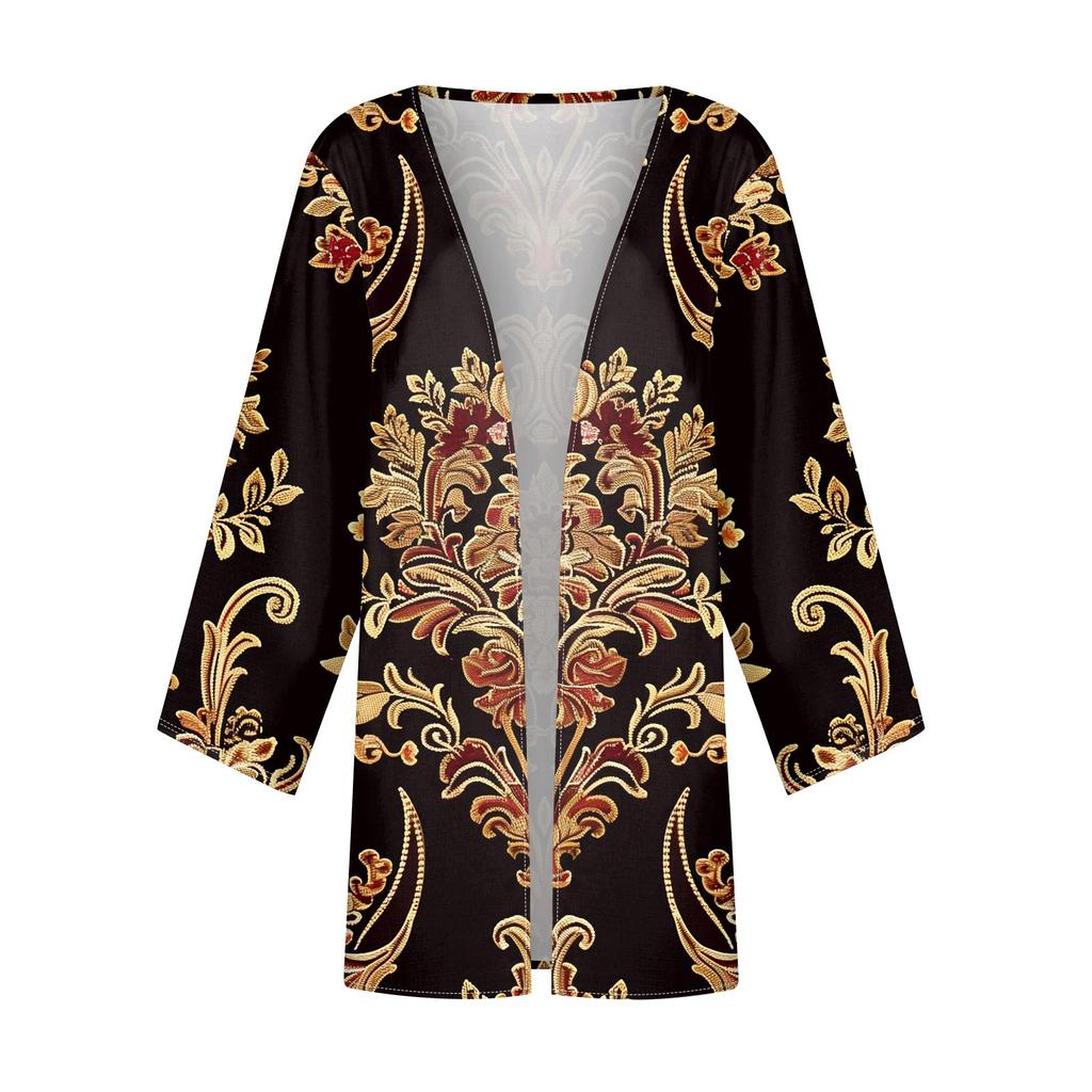Women's Casual Fashion Caot Retro Printed Lightweight Medium Length Jacket Cardigan