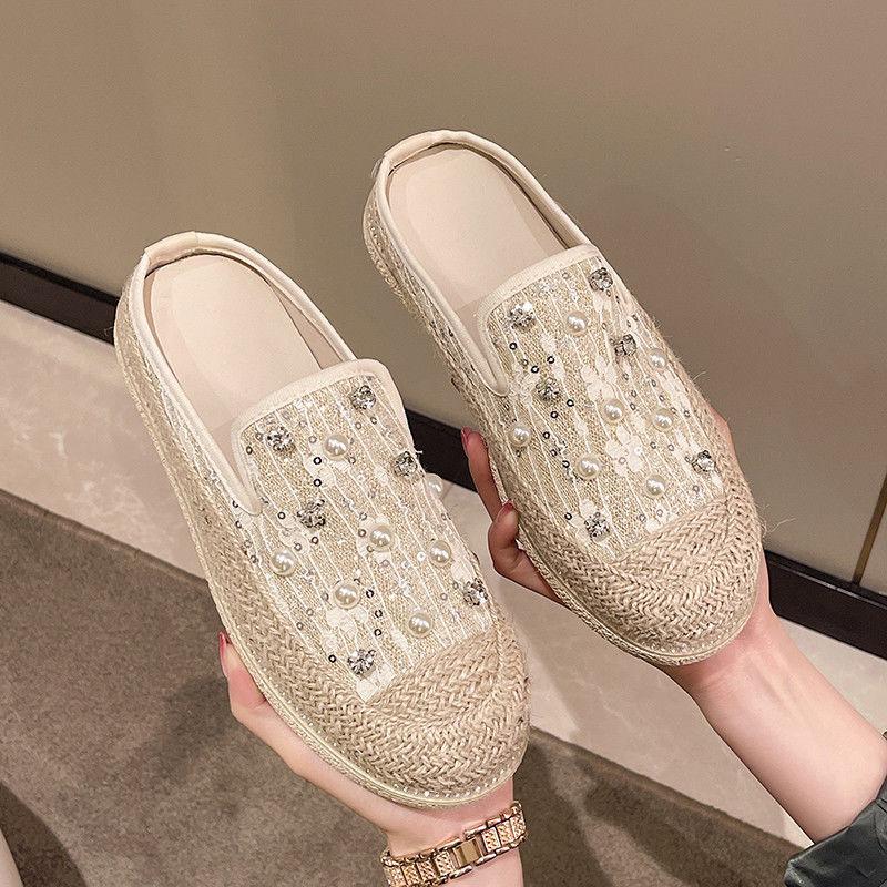 Модные женские тапочки, толстые туфли для женщин, кружевные мюли со стразами, сандалии, стразы, шлепанцы, платформа, драгоценности, ПВХ, легкая одежда, 39 лучших дизайнов