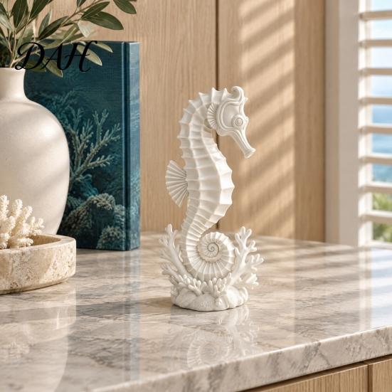 Seahorse Statue Decor 3D Printed with Coral Conch Base, Ocean Themed Art Ornament Minimalist Coastal Style for Home Desk Bookshelf and Car Dashboard