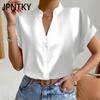 JPNTKY Women's Fashion Casual Summer Solid Color Print Short Sleeve V-Neck Blouses & Shirts